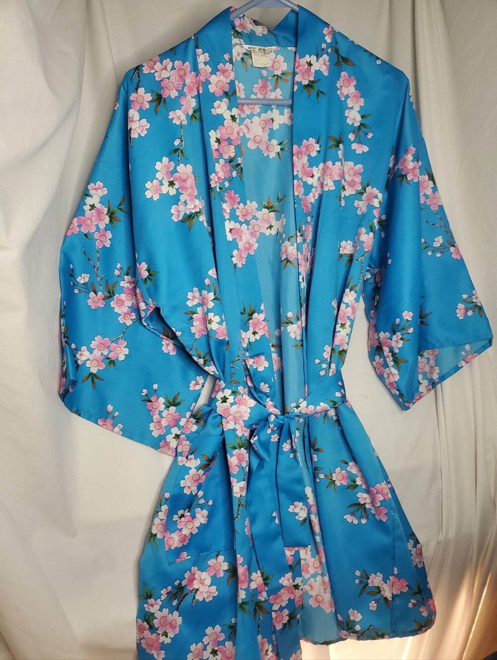 Japan Kimono Robe Blue Pink Cherry Blossom Floral Sakura Pocket tie Free Size